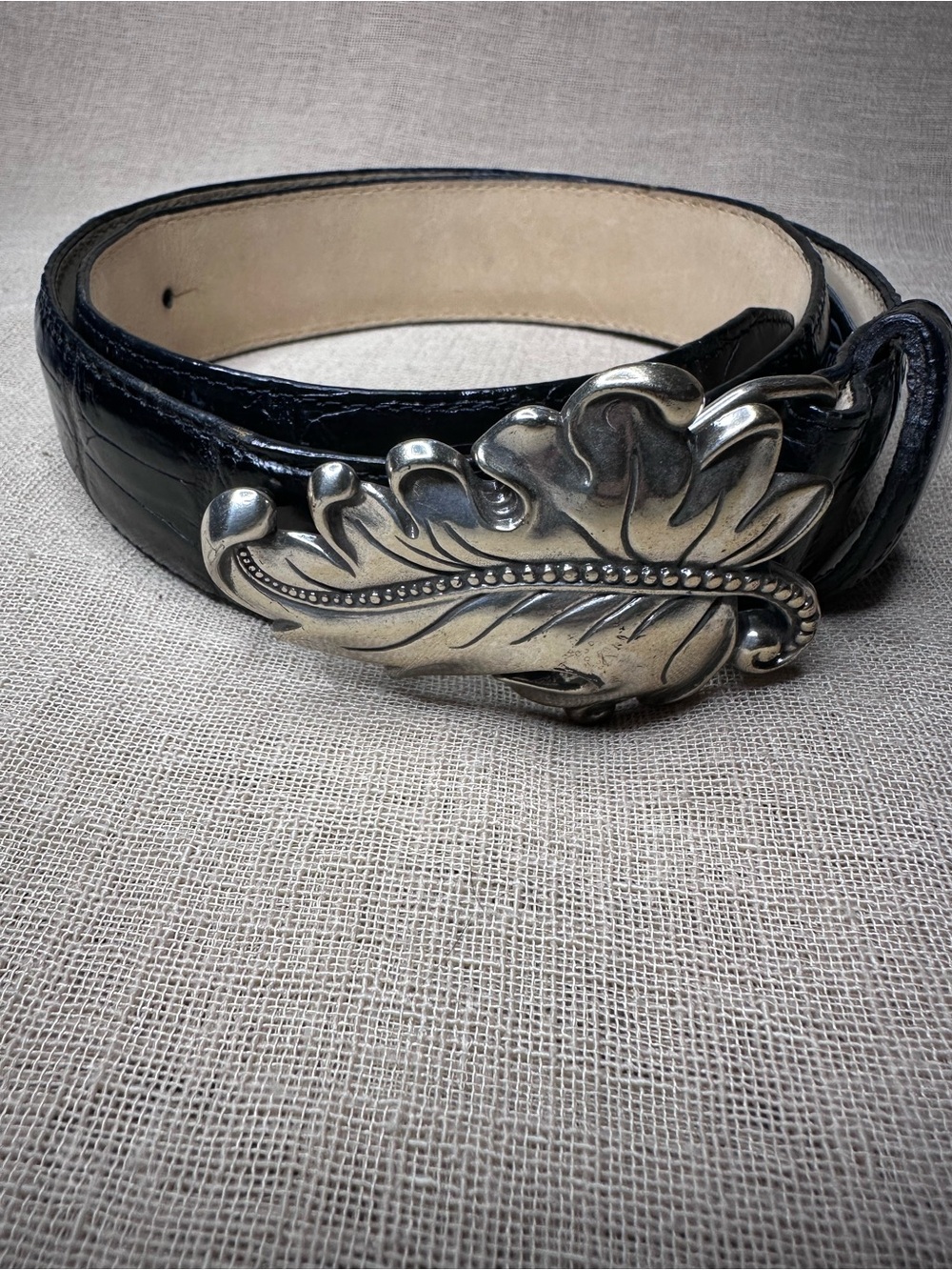 BRIGHTON Black Embossed Leather Belt Silver Leaf Buckle EUC